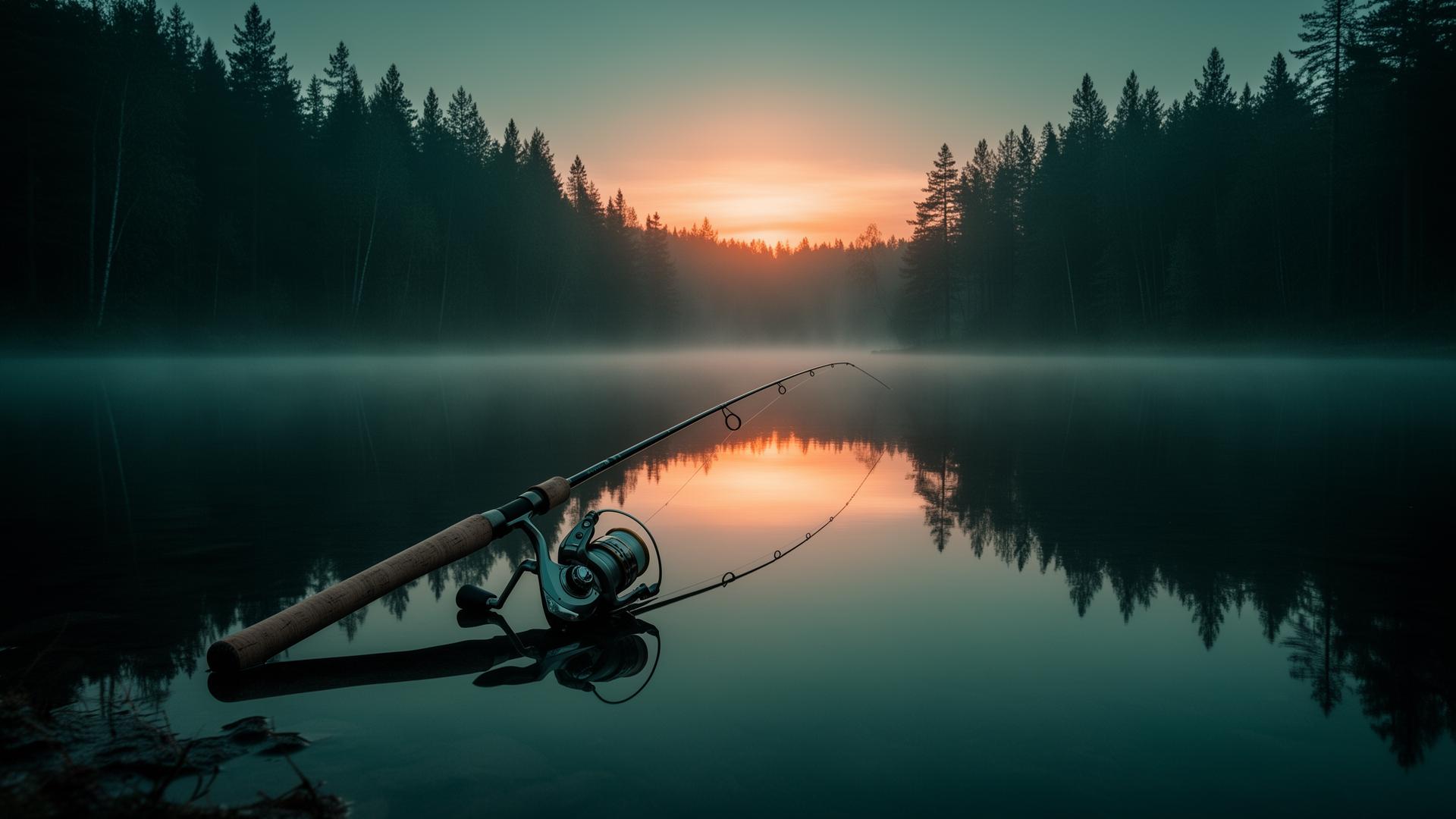Csendes tó horgászbottal hajnalban